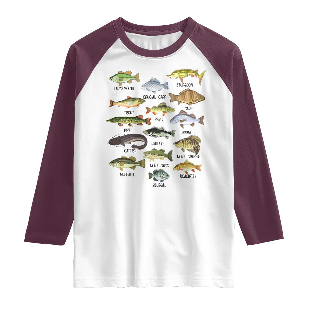 Freshwater Fish Species Raglan Shirt Funny Fishing Types Fisherman Dad