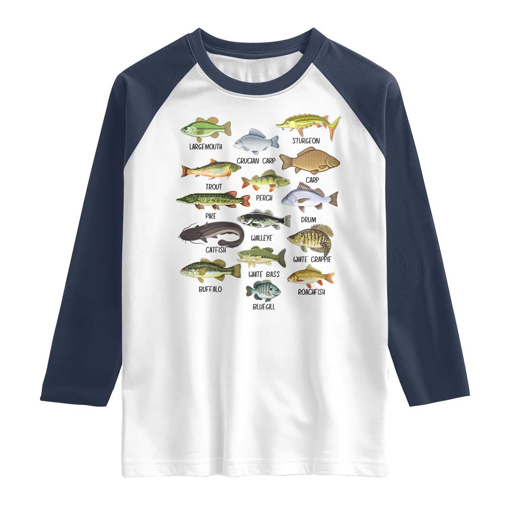 Freshwater Fish Species Raglan Shirt Funny Fishing Types Fisherman Dad