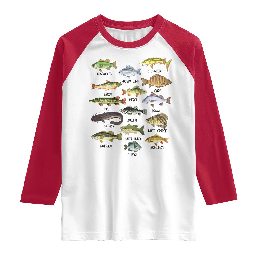Freshwater Fish Species Raglan Shirt Funny Fishing Types Fisherman Dad