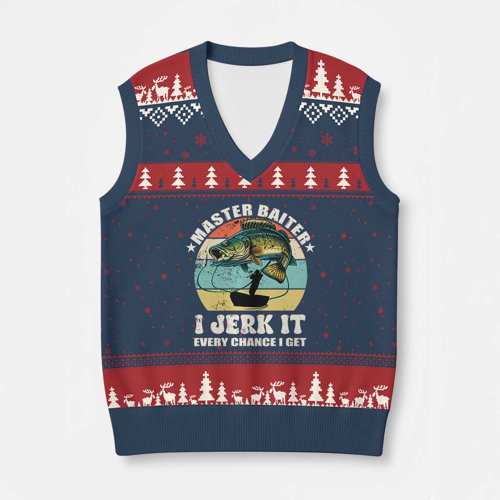 Funny Fishing Master-Baiter V-Neck Knit Sweater Vest Kayak Fishing Dad Grandpa Bass Fish Adult Humor - Wonder Print Shop