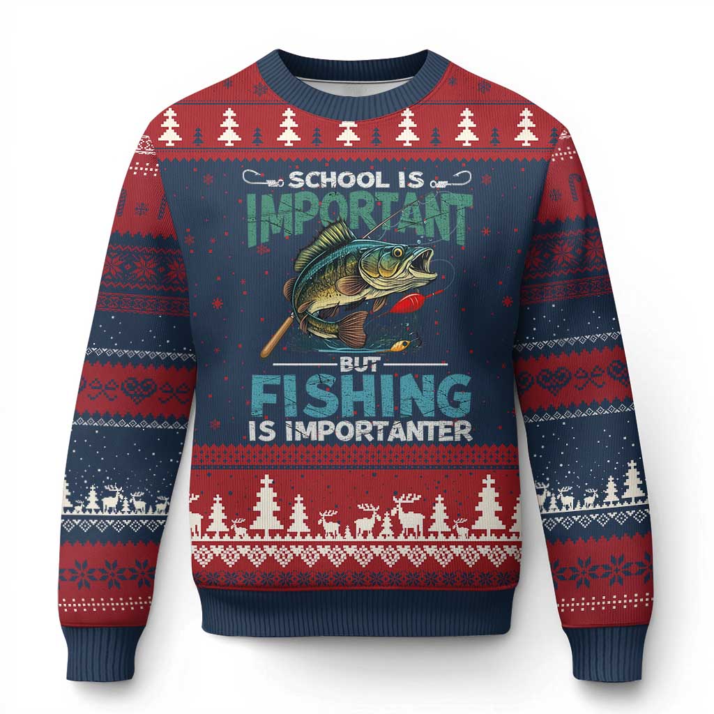 Funny Fishing Ugly Christmas Sweater School Is Important But Fishing Is Importanter Bass Fisherman - Wonder Print Shop
