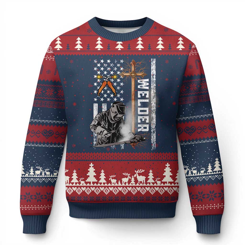 American Welder Ugly Christmas Sweater Welding USA Flag Christian Cross - Wonder Print Shop
