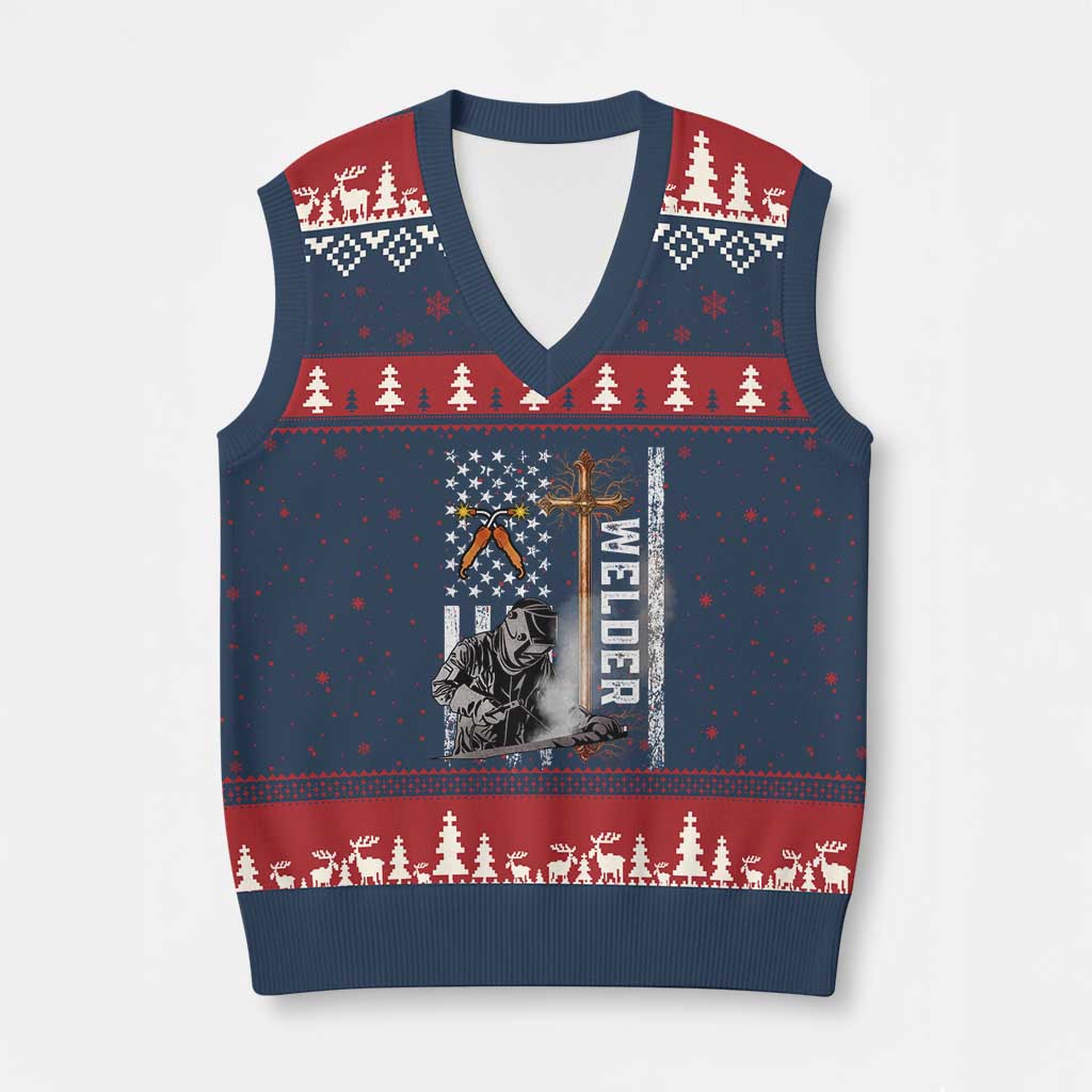 American Welder V-Neck Knit Sweater Vest Welding USA Flag Christian Cross - Wonder Print Shop