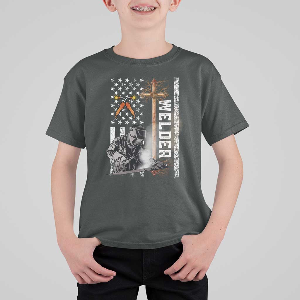 American Welder T Shirt For Kid Welding USA Flag Christian Cross