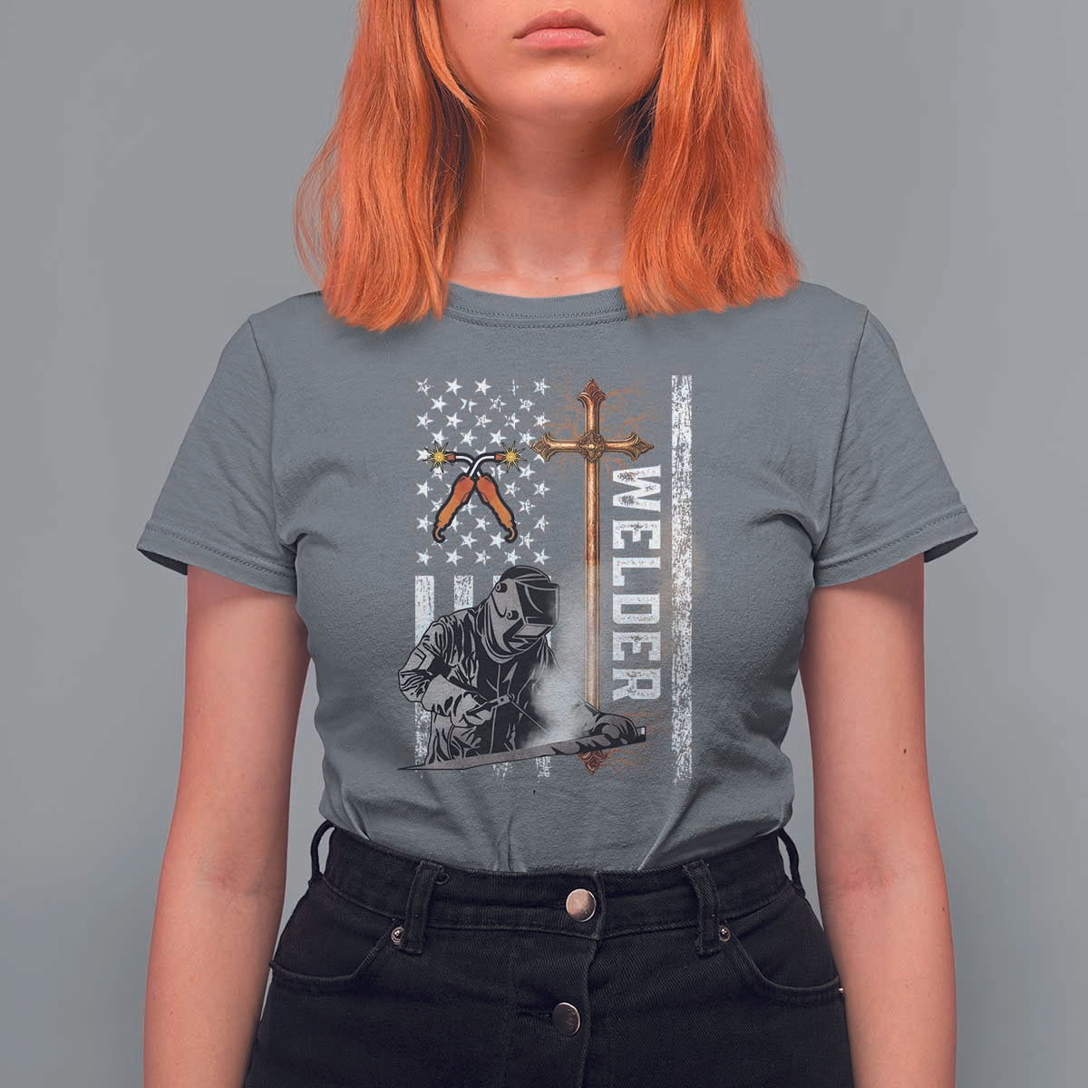 American Welder T Shirt For Women Welding USA Flag Christian Cross