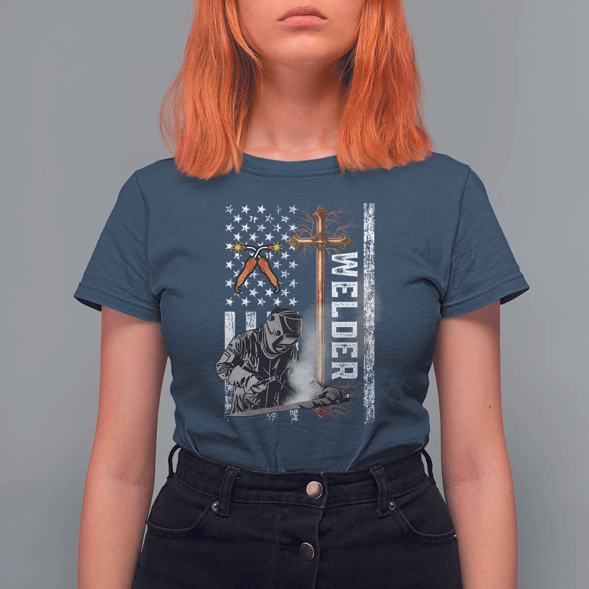 American Welder T Shirt For Women Welding USA Flag Christian Cross