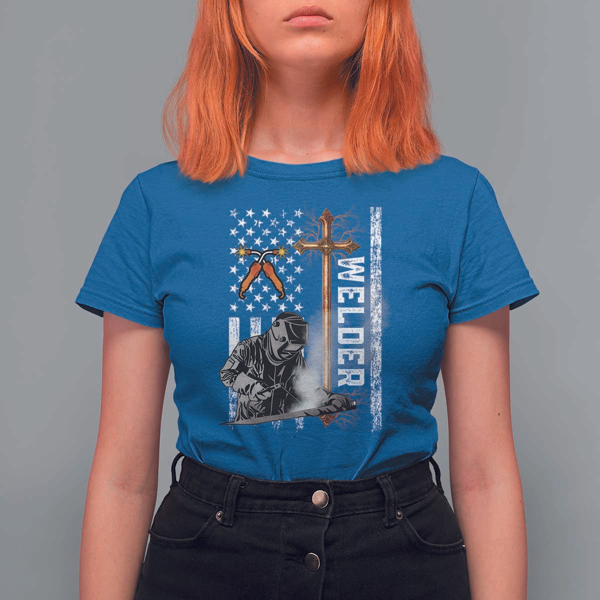 American Welder T Shirt For Women Welding USA Flag Christian Cross