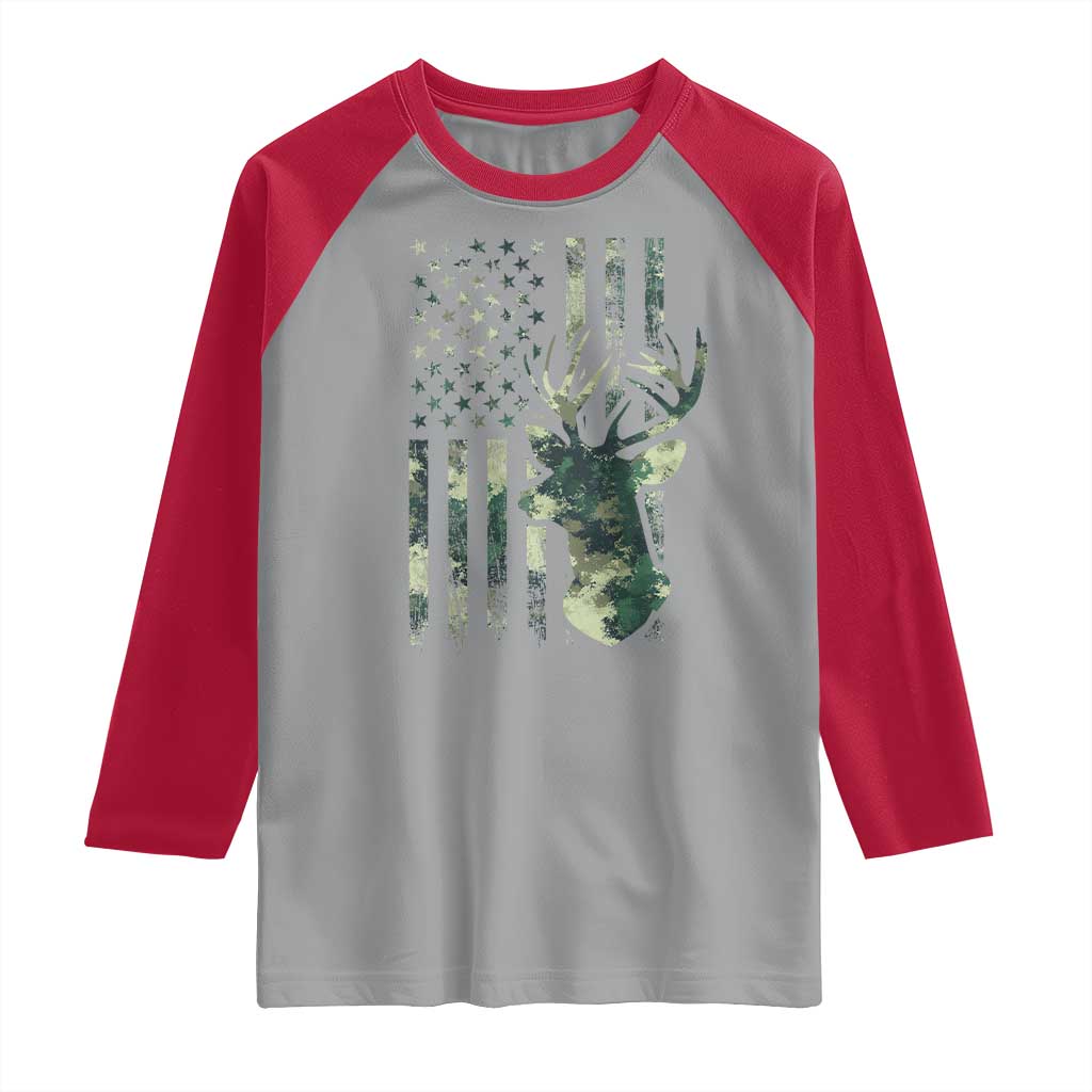 Deer Hunting Camouflage Raglan Shirt Camo US Flag