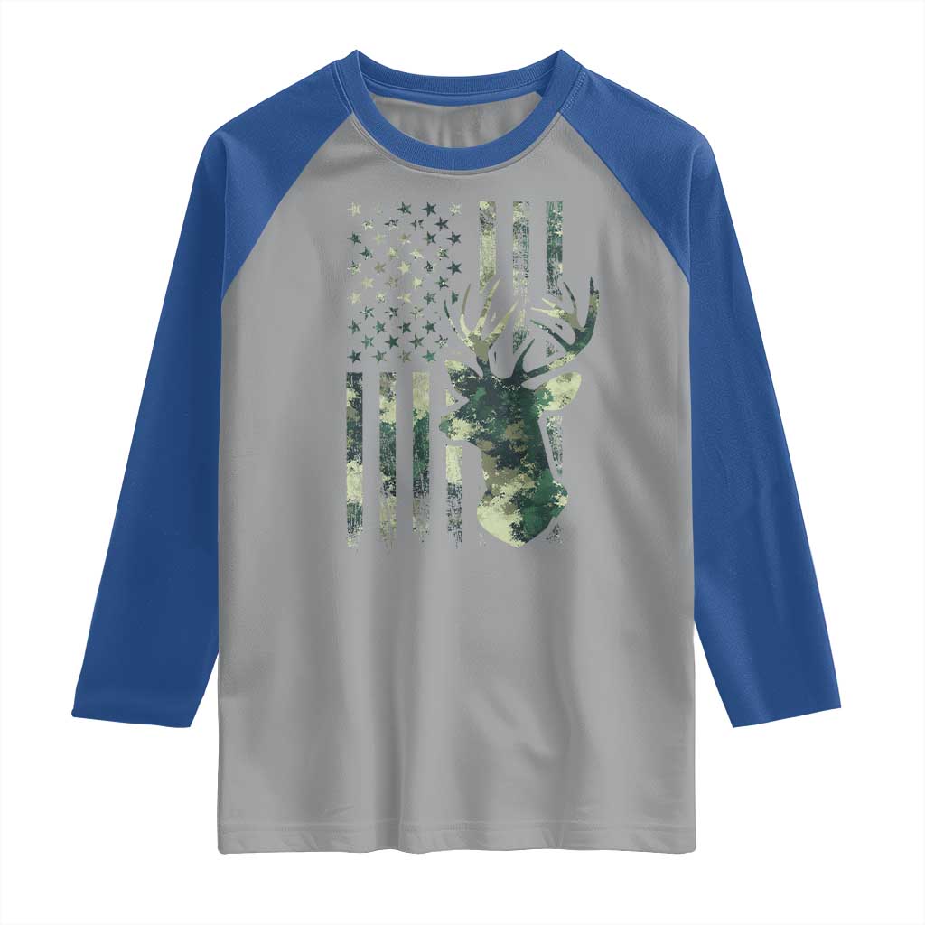 Deer Hunting Camouflage Raglan Shirt Camo US Flag