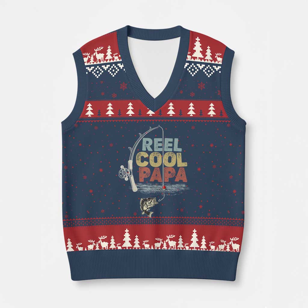 Fishing Dad V-Neck Knit Sweater Vest Reel Cool Papa Retro Vintage - Wonder Print Shop