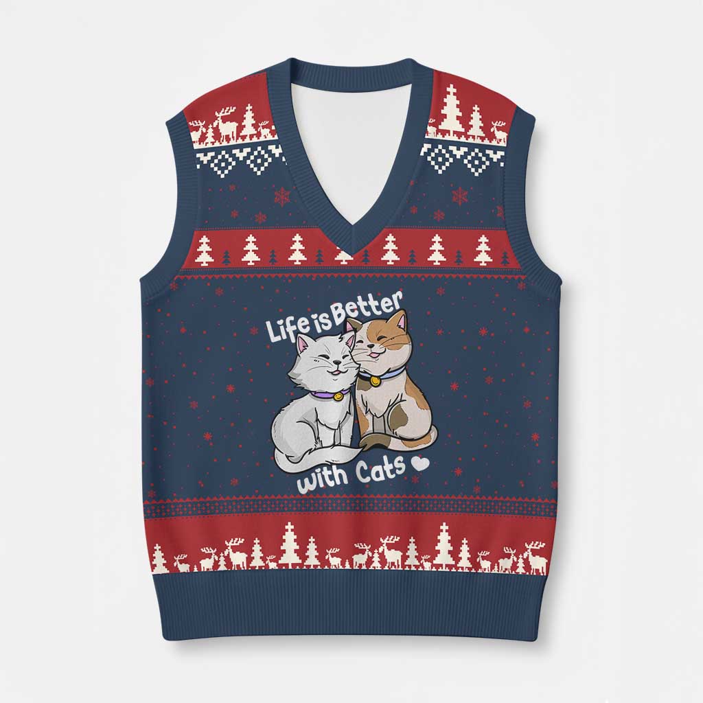 Cat Lover V-Neck Knit Sweater Vest Life Is Better With Cats Cute - Wonder Print Shop