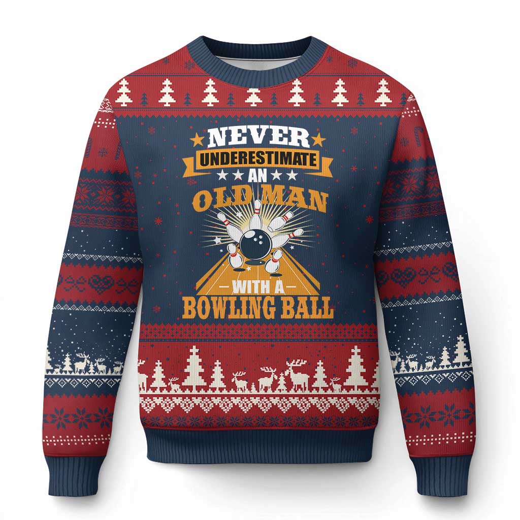 Funny Bowling Ugly Christmas Sweater Never Underestimate Old Man Bowling Ball Mens Bowler - Wonder Print Shop