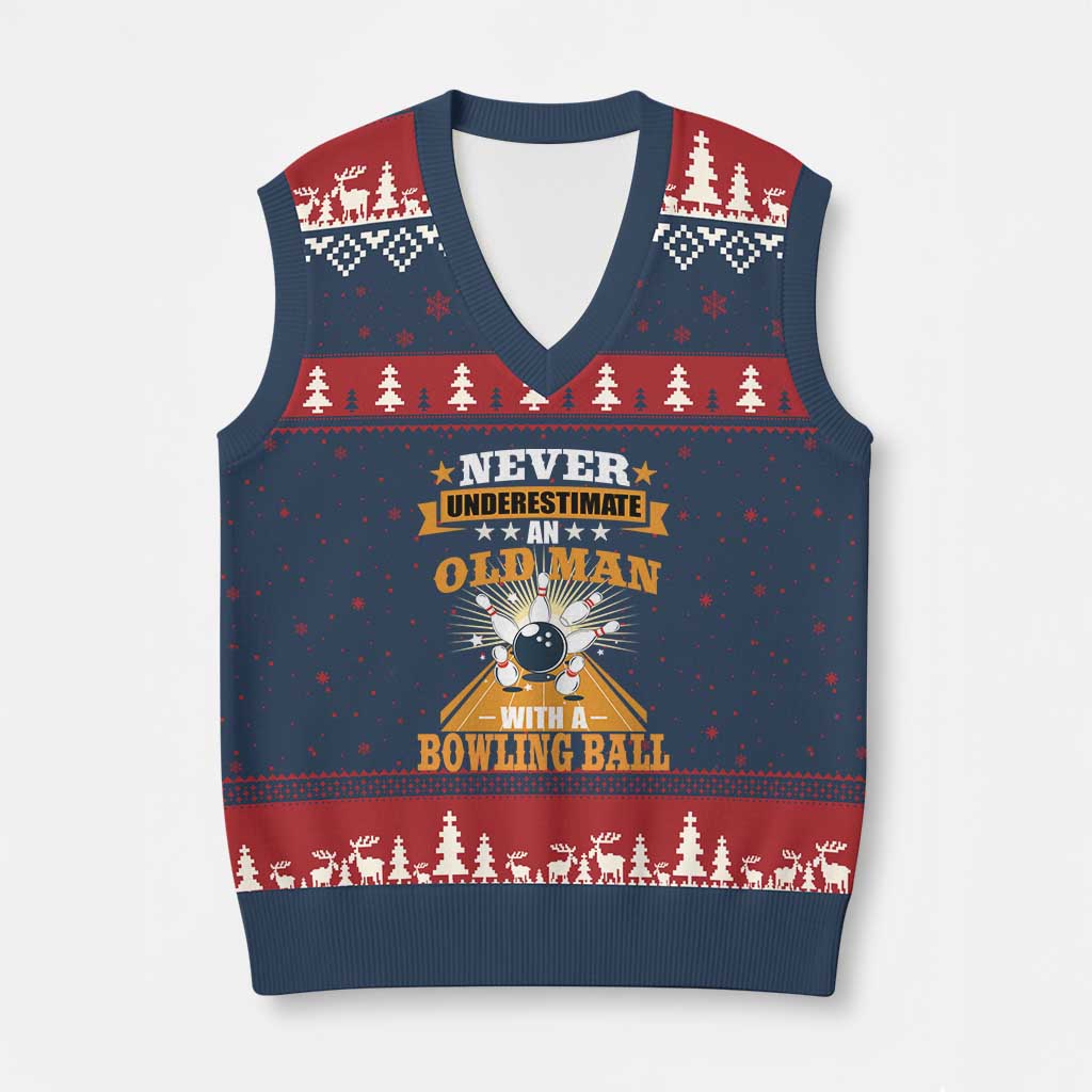 Funny Bowling V-Neck Knit Sweater Vest Never Underestimate Old Man Bowling Ball Mens Bowler - Wonder Print Shop