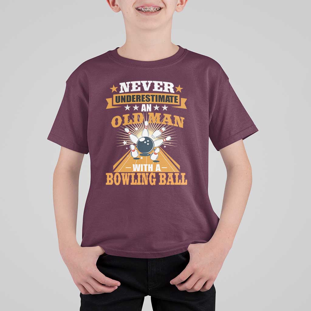 Funny Bowling T Shirt For Kid Never Underestimate Old Man Bowling Ball Mens Bowler