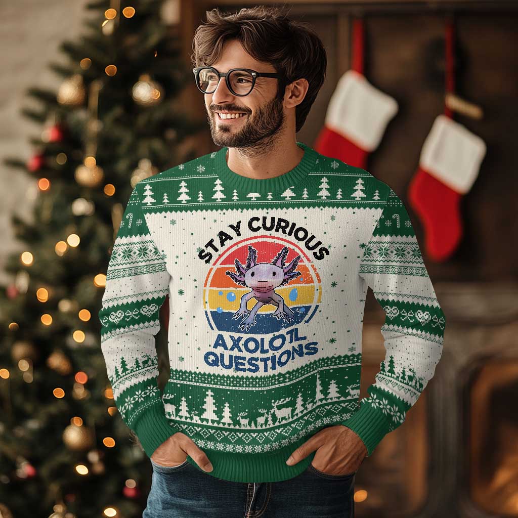 Funny Axolotl Pun Ugly Christmas Sweater I Stay Curious Axolotl Question Retro - Wonder Print Shop