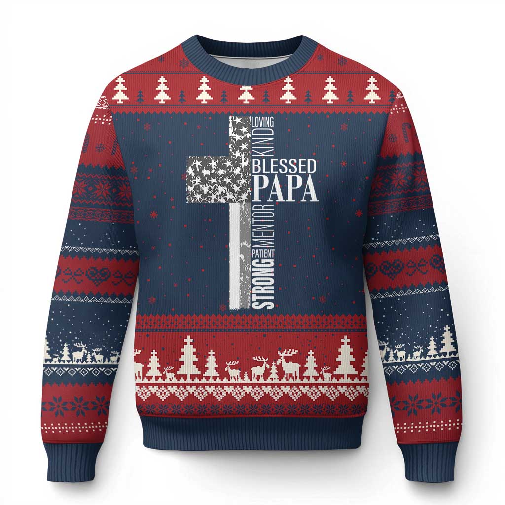 Blessed Papa Christian Cross Ugly Christmas Sweater Faithful Dad Religious American Flag - Wonder Print Shop