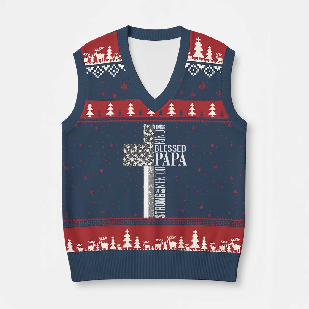 Blessed Papa Christian Cross V-Neck Knit Sweater Vest Faithful Dad Religious American Flag - Wonder Print Shop