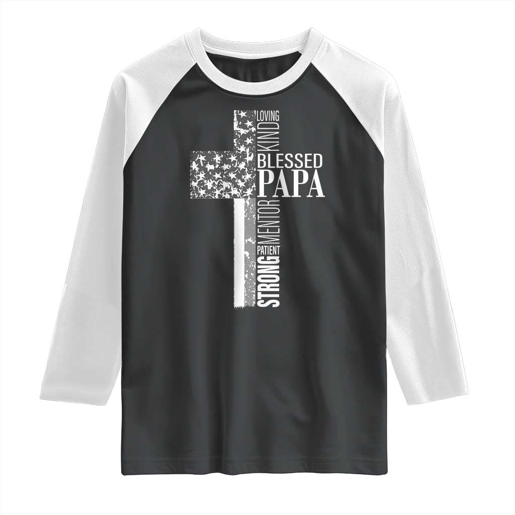 Blessed Papa Christian Cross Raglan Shirt Faithful Dad Religious American Flag