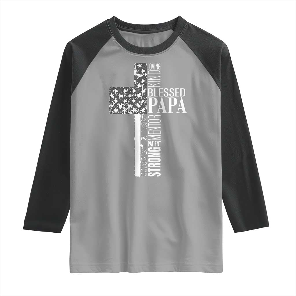 Blessed Papa Christian Cross Raglan Shirt Faithful Dad Religious American Flag