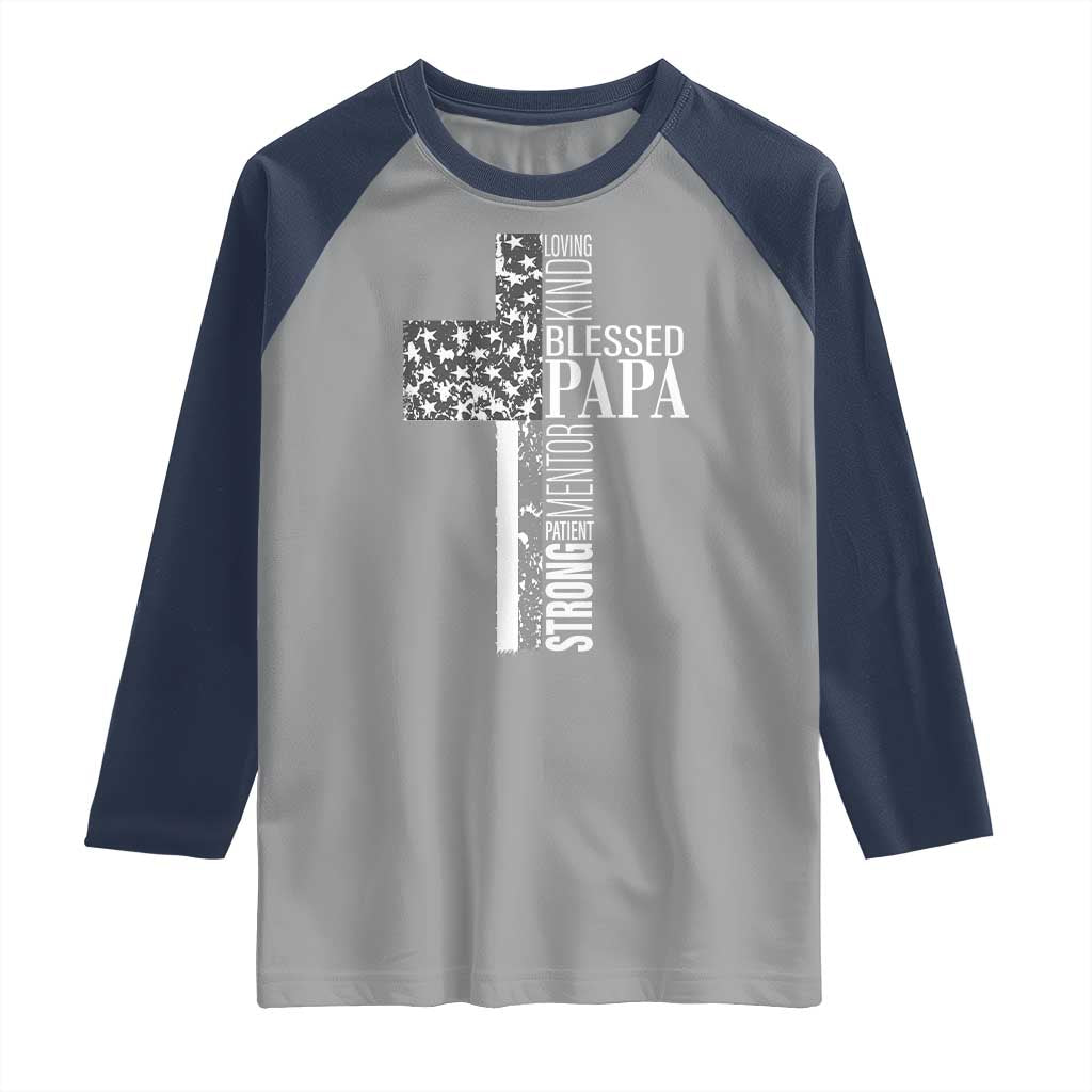Blessed Papa Christian Cross Raglan Shirt Faithful Dad Religious American Flag