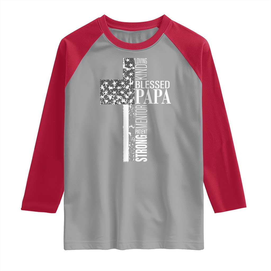 Blessed Papa Christian Cross Raglan Shirt Faithful Dad Religious American Flag