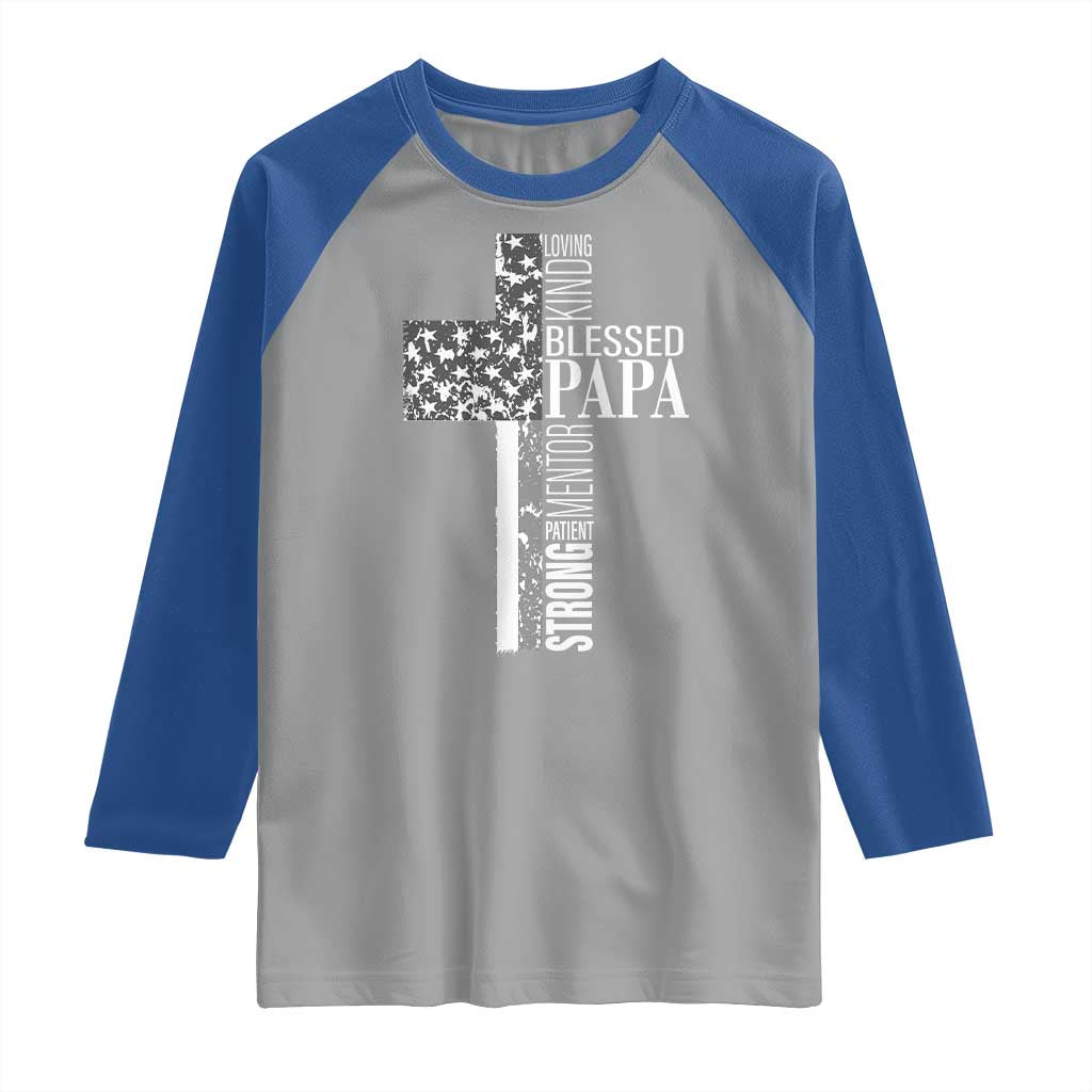 Blessed Papa Christian Cross Raglan Shirt Faithful Dad Religious American Flag