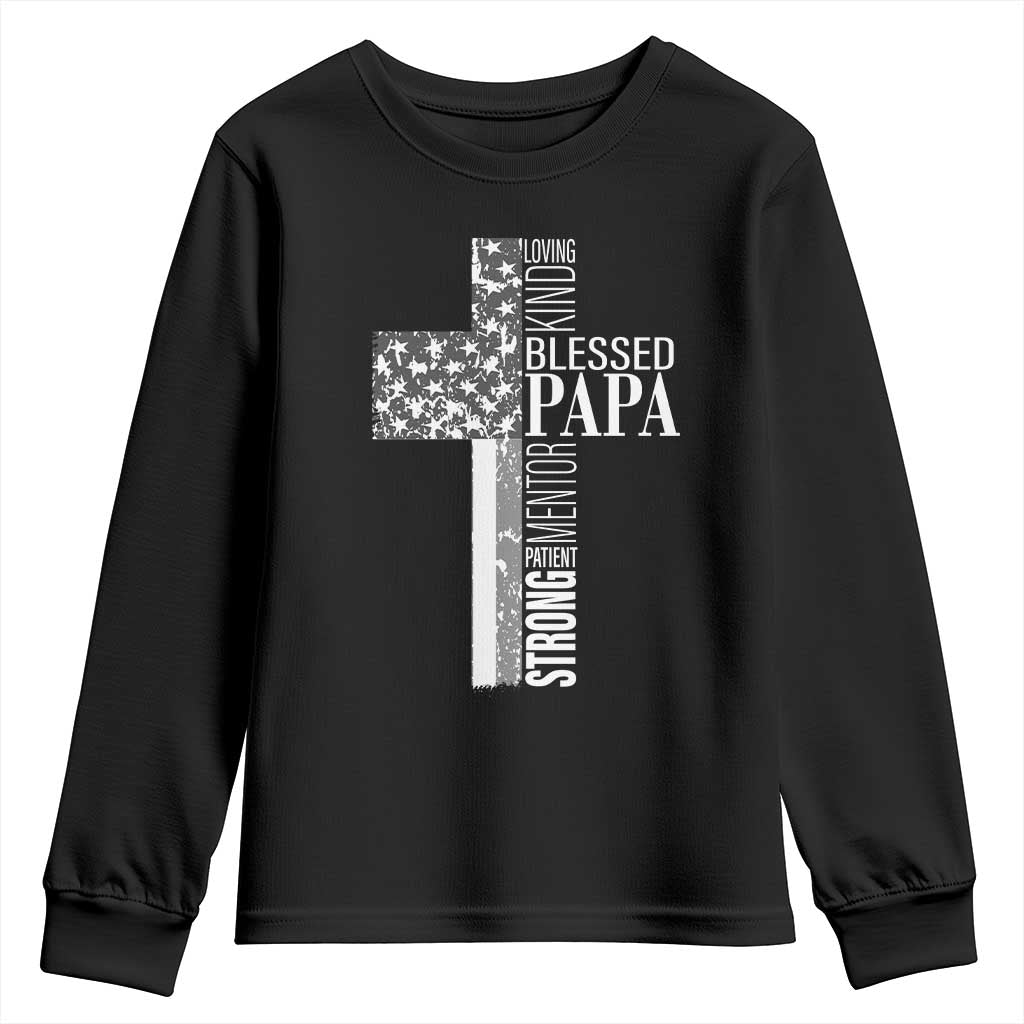 Blessed Papa Christian Cross Youth Sweatshirt Faithful Dad Religious American Flag