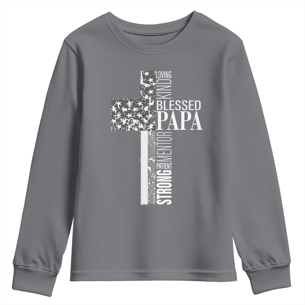 Blessed Papa Christian Cross Youth Sweatshirt Faithful Dad Religious American Flag