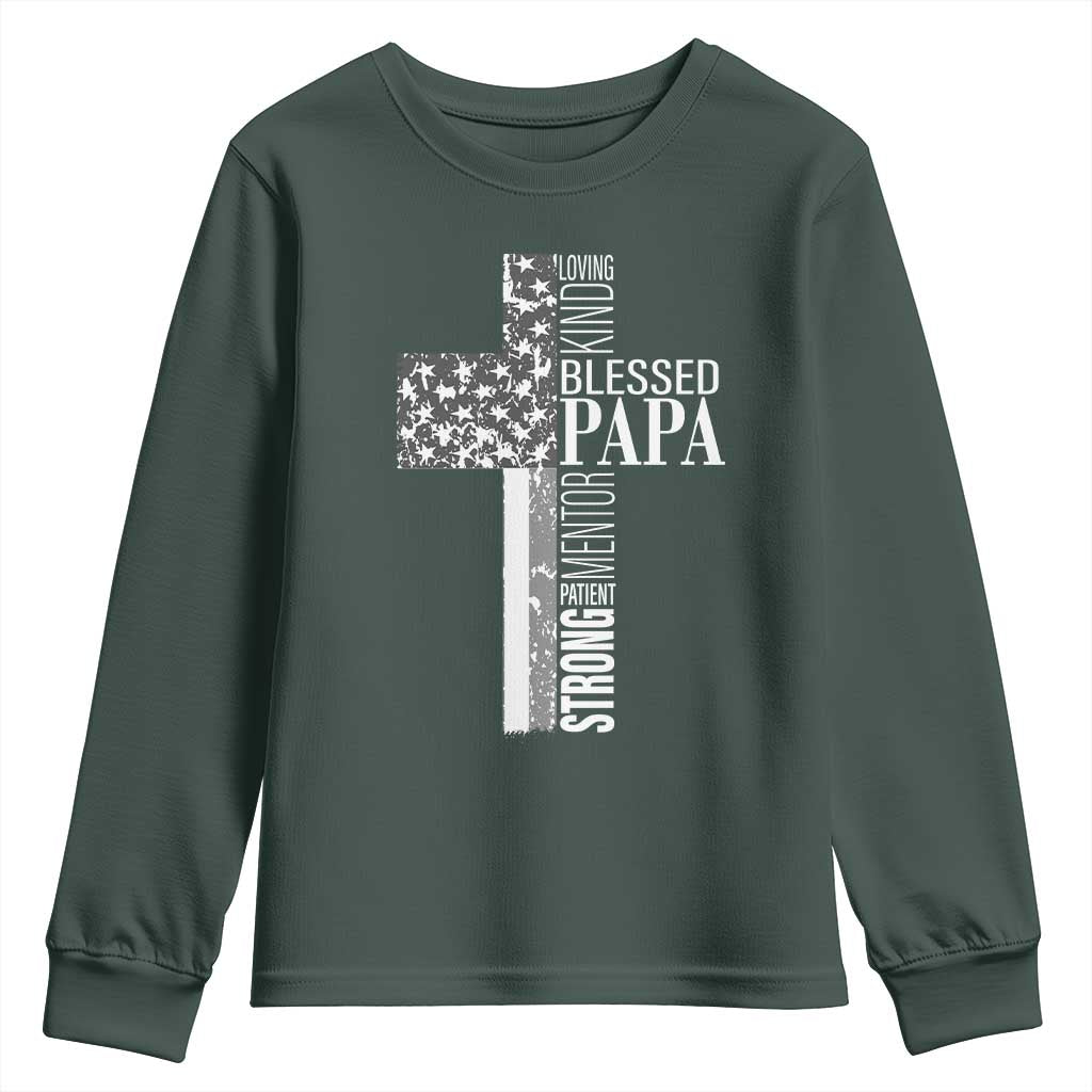 Blessed Papa Christian Cross Youth Sweatshirt Faithful Dad Religious American Flag