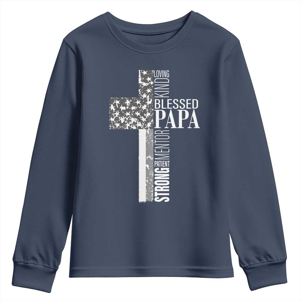 Blessed Papa Christian Cross Youth Sweatshirt Faithful Dad Religious American Flag
