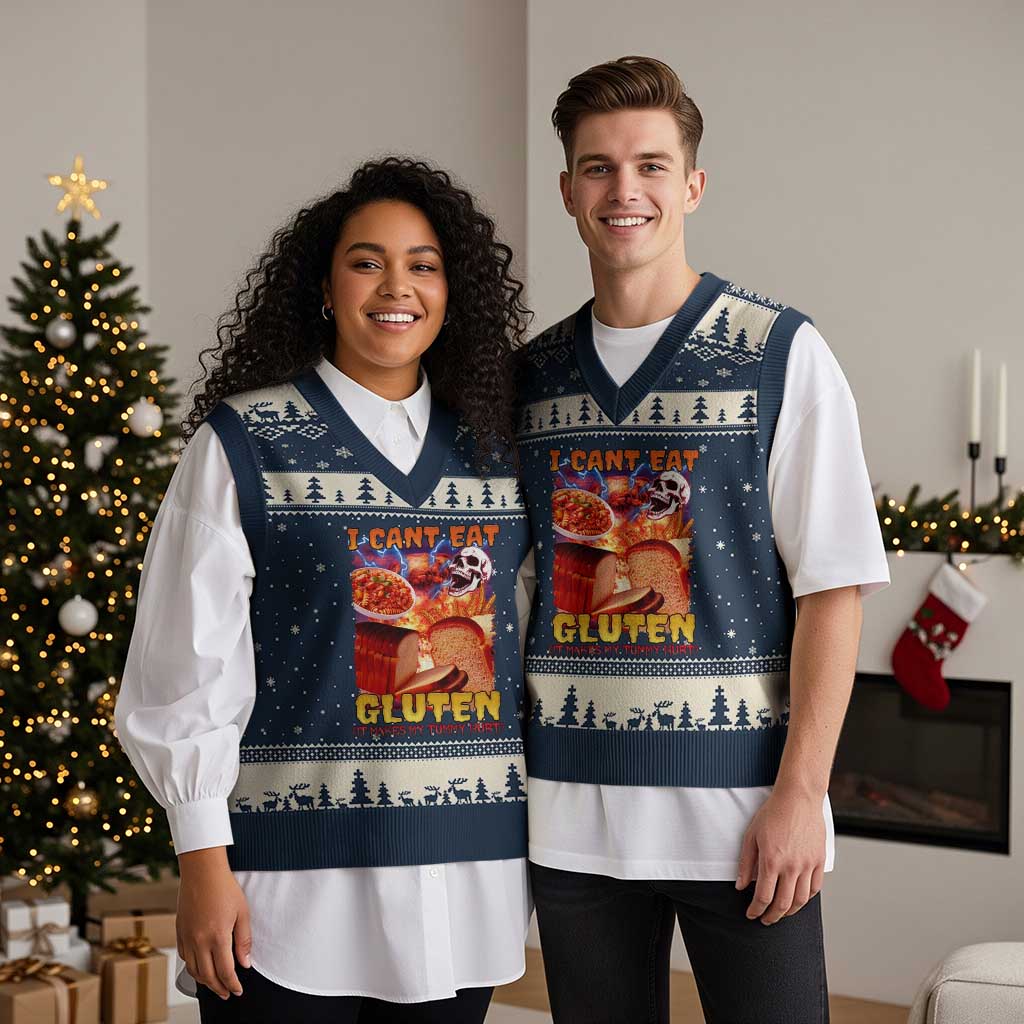 Funny Gluten Intolerance V-Neck Knit Sweater Vest I Can't Eat Gluten It Makes My Tummy Hurt Skeleton Meme - Wonder Print Shop