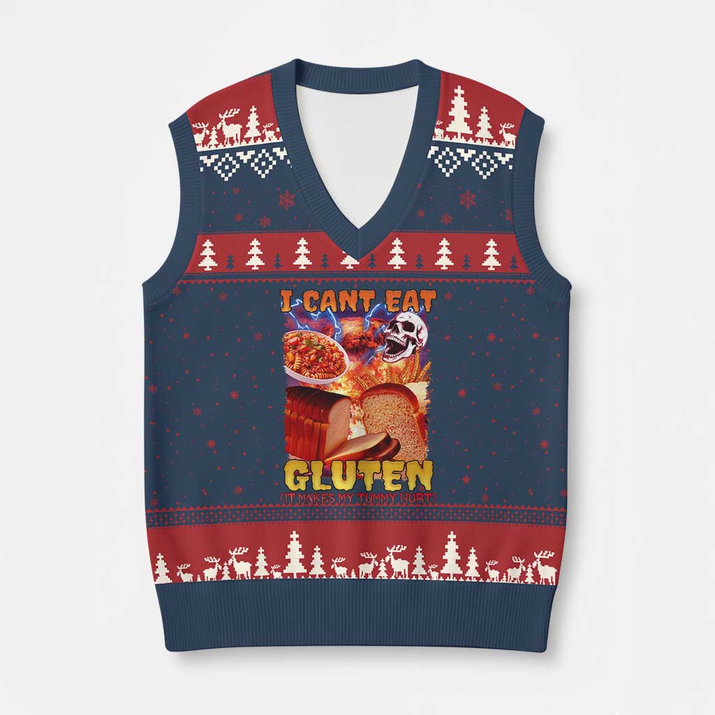 Funny Gluten Intolerance V-Neck Knit Sweater Vest I Can't Eat Gluten It Makes My Tummy Hurt Skeleton Meme - Wonder Print Shop