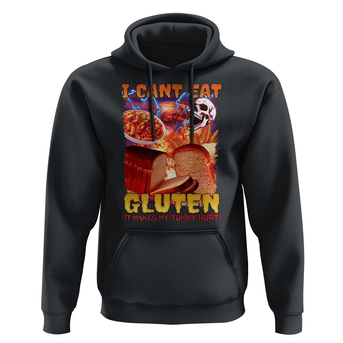 Funny Gluten Intolerance Hoodie I Can't Eat Gluten It Makes My Tummy Hurt Skeleton Meme