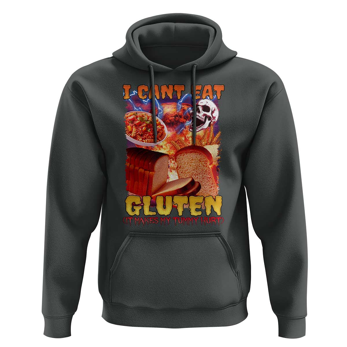 Funny Gluten Intolerance Hoodie I Can't Eat Gluten It Makes My Tummy Hurt Skeleton Meme