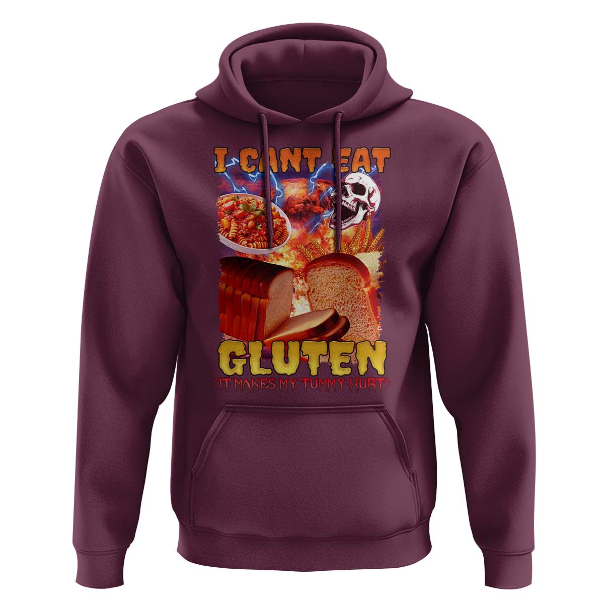 Funny Gluten Intolerance Hoodie I Can't Eat Gluten It Makes My Tummy Hurt Skeleton Meme