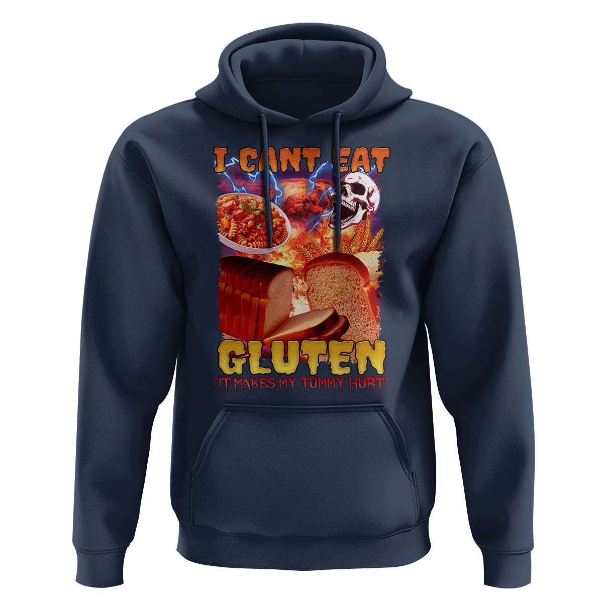 Funny Gluten Intolerance Hoodie I Can't Eat Gluten It Makes My Tummy Hurt Skeleton Meme