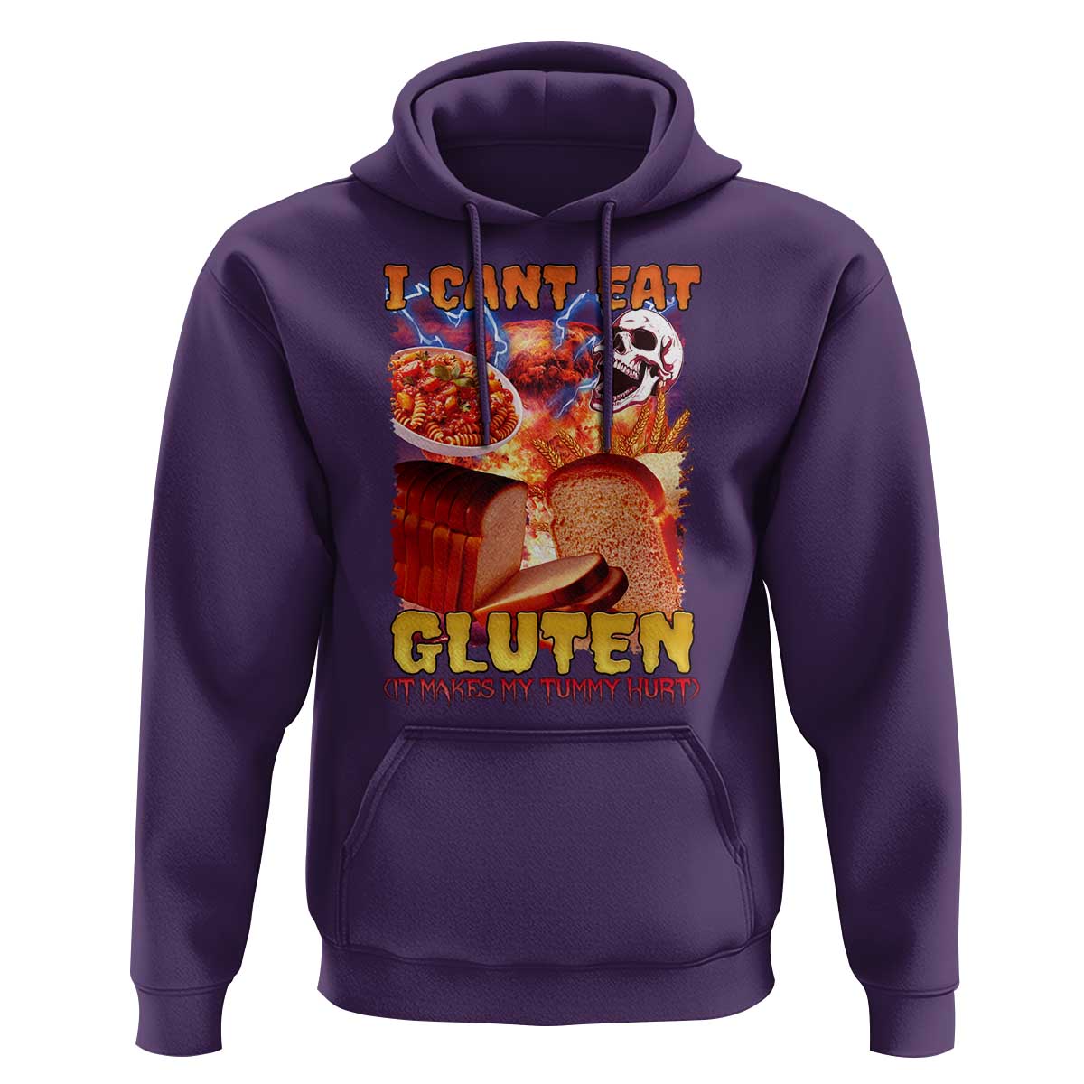 Funny Gluten Intolerance Hoodie I Can't Eat Gluten It Makes My Tummy Hurt Skeleton Meme