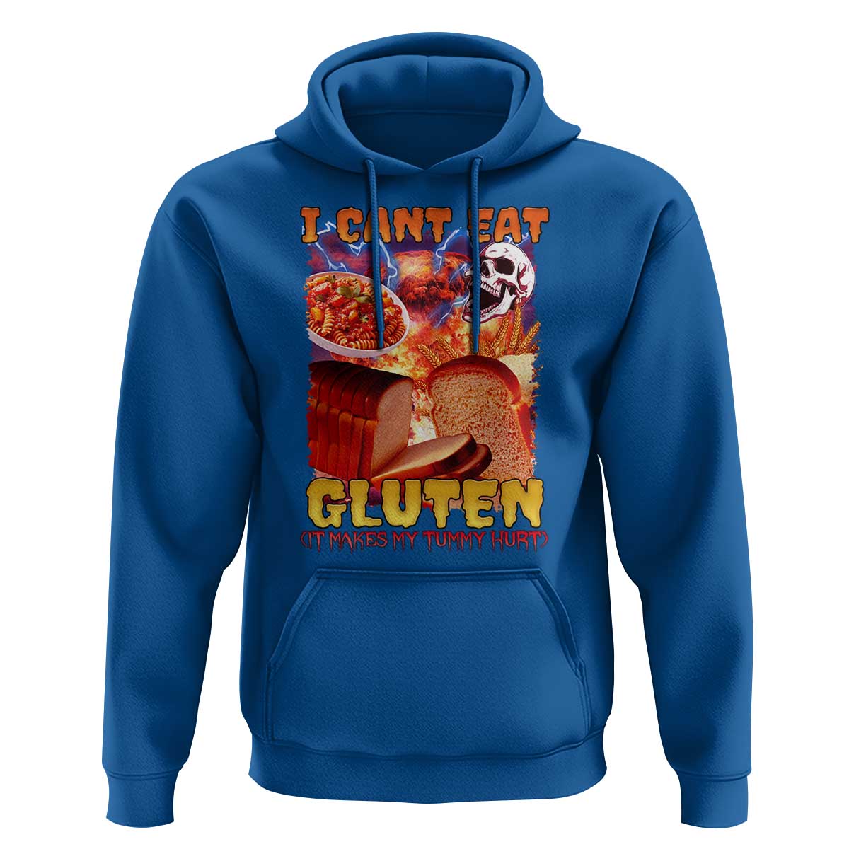 Funny Gluten Intolerance Hoodie I Can't Eat Gluten It Makes My Tummy Hurt Skeleton Meme