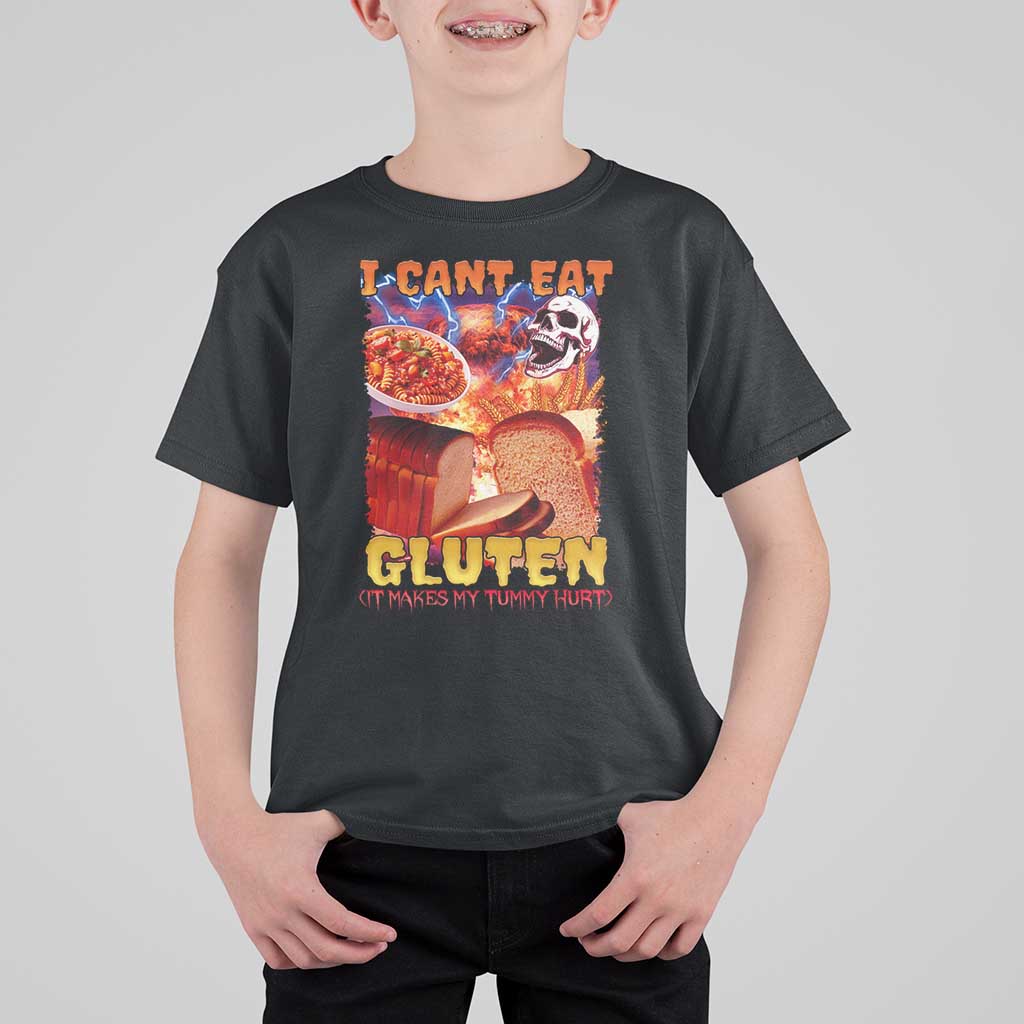 Funny Gluten Intolerance T Shirt For Kid I Can't Eat Gluten It Makes My Tummy Hurt Skeleton Meme