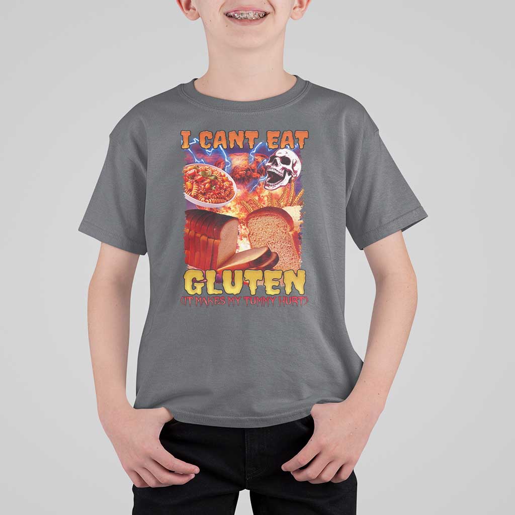 Funny Gluten Intolerance T Shirt For Kid I Can't Eat Gluten It Makes My Tummy Hurt Skeleton Meme