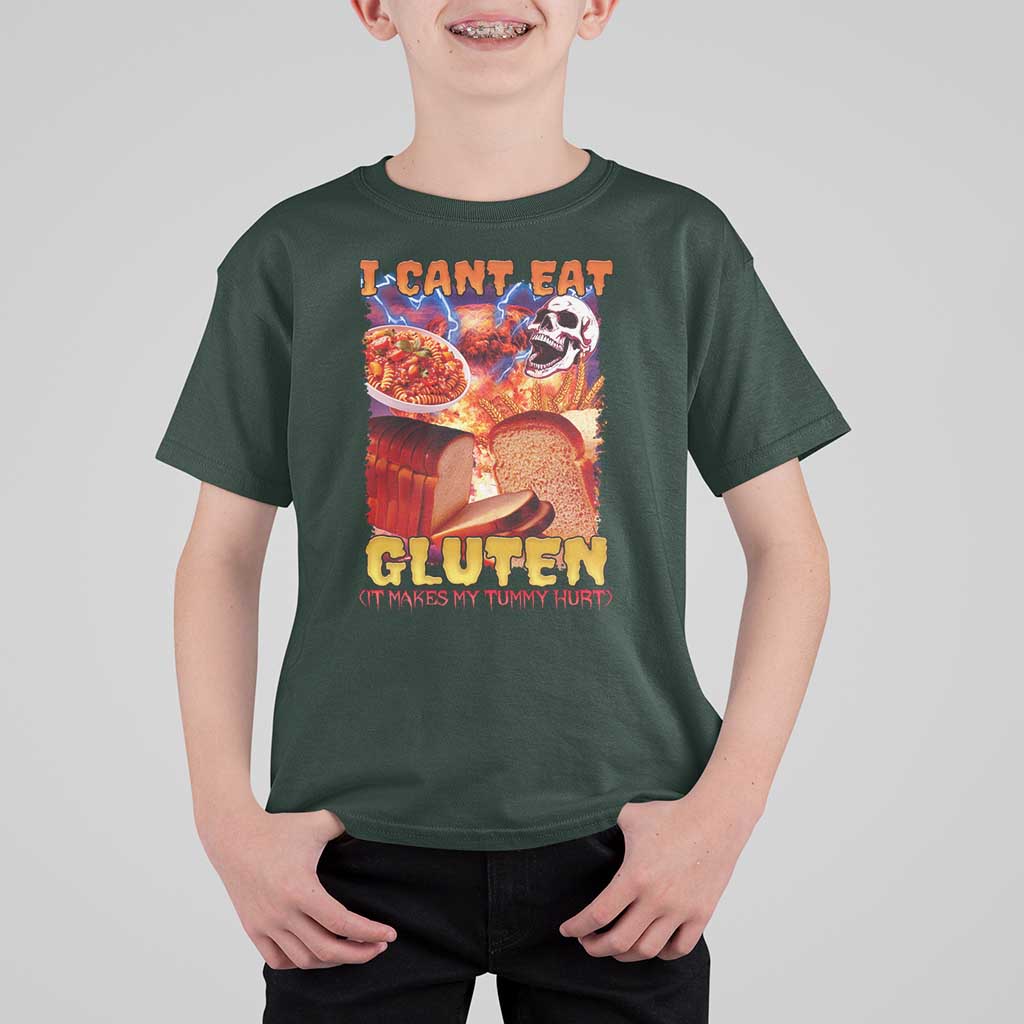 Funny Gluten Intolerance T Shirt For Kid I Can't Eat Gluten It Makes My Tummy Hurt Skeleton Meme