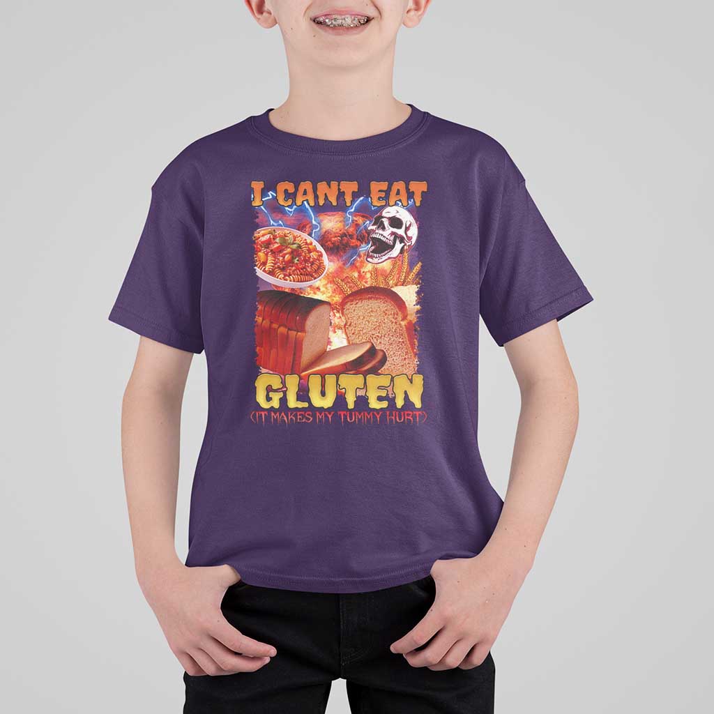 Funny Gluten Intolerance T Shirt For Kid I Can't Eat Gluten It Makes My Tummy Hurt Skeleton Meme
