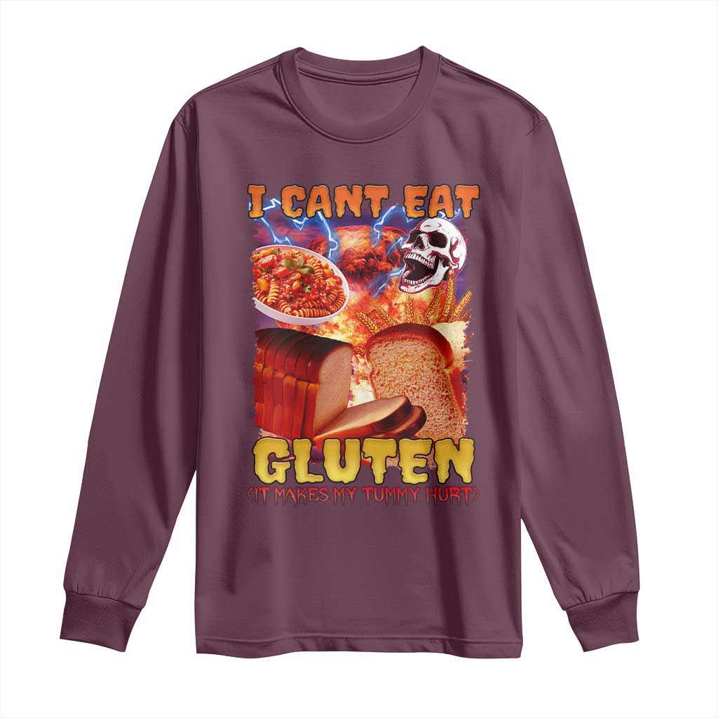 Funny Gluten Intolerance Long Sleeve Shirt I Can't Eat Gluten It Makes My Tummy Hurt Skeleton Meme