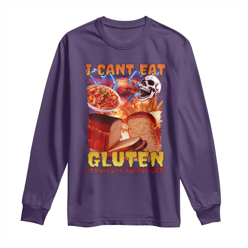 Funny Gluten Intolerance Long Sleeve Shirt I Can't Eat Gluten It Makes My Tummy Hurt Skeleton Meme