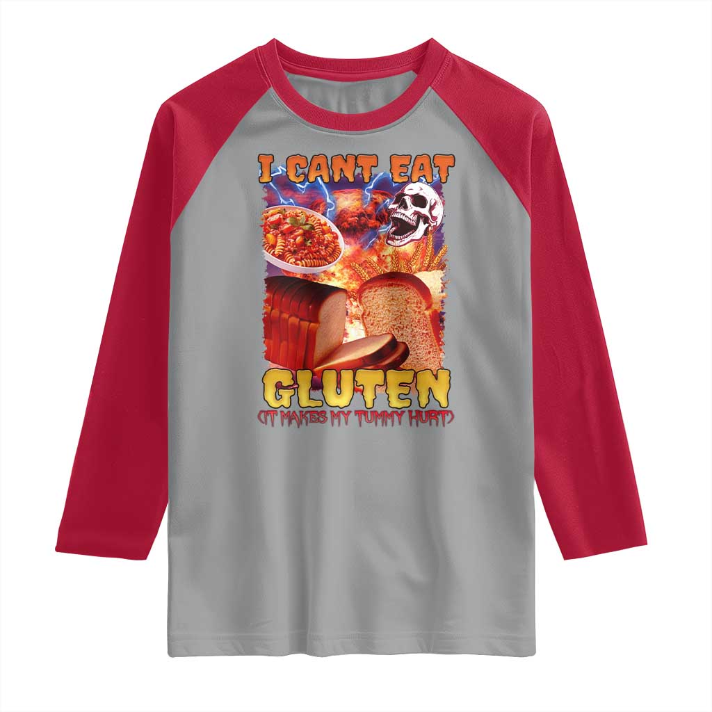 Funny Gluten Intolerance Raglan Shirt I Can't Eat Gluten It Makes My Tummy Hurt Skeleton Meme