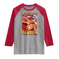Funny Gluten Intolerance Raglan Shirt I Can't Eat Gluten It Makes My Tummy Hurt Skeleton Meme