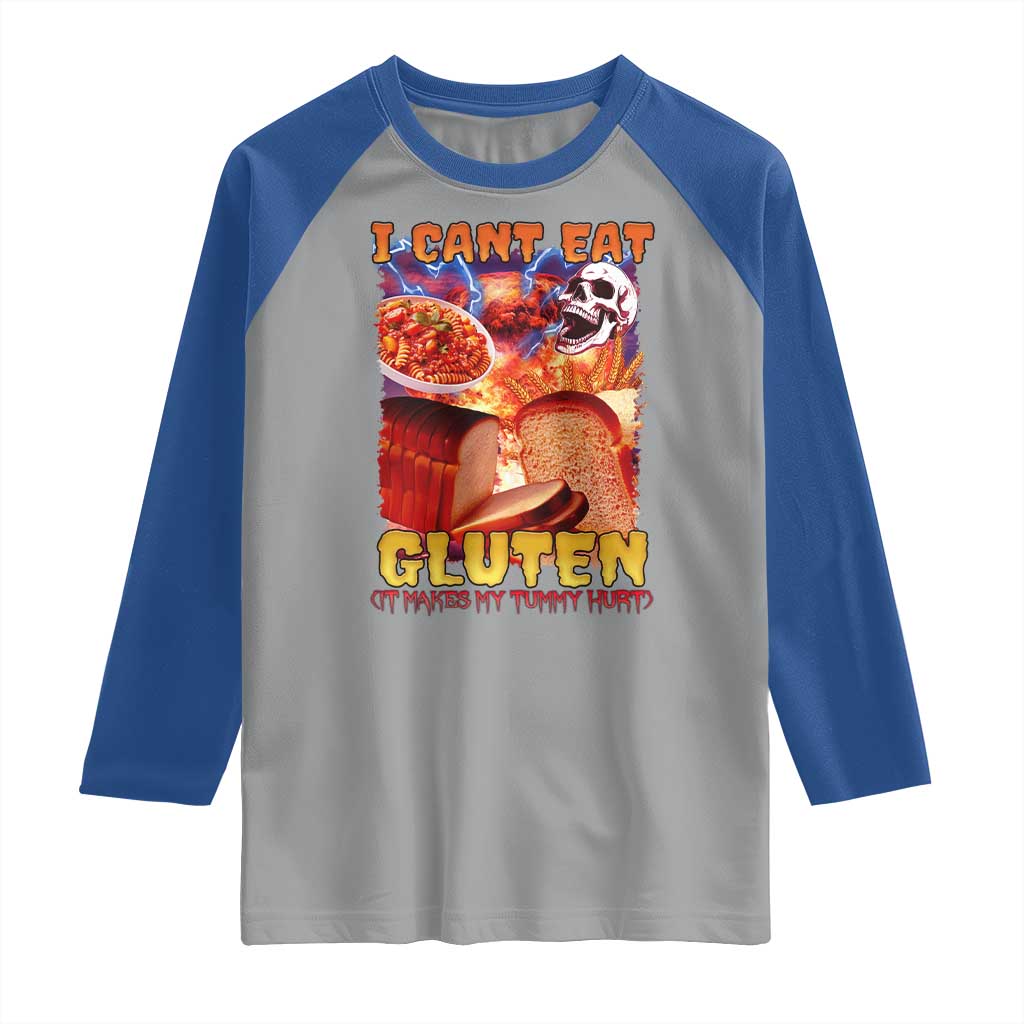 Funny Gluten Intolerance Raglan Shirt I Can't Eat Gluten It Makes My Tummy Hurt Skeleton Meme