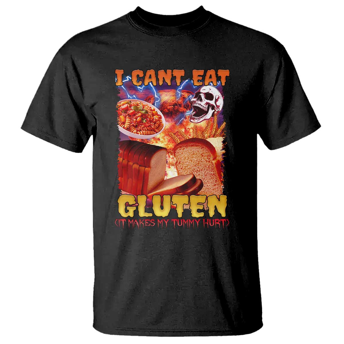 Funny Gluten Intolerance T Shirt I Can't Eat Gluten It Makes My Tummy Hurt Skeleton Meme