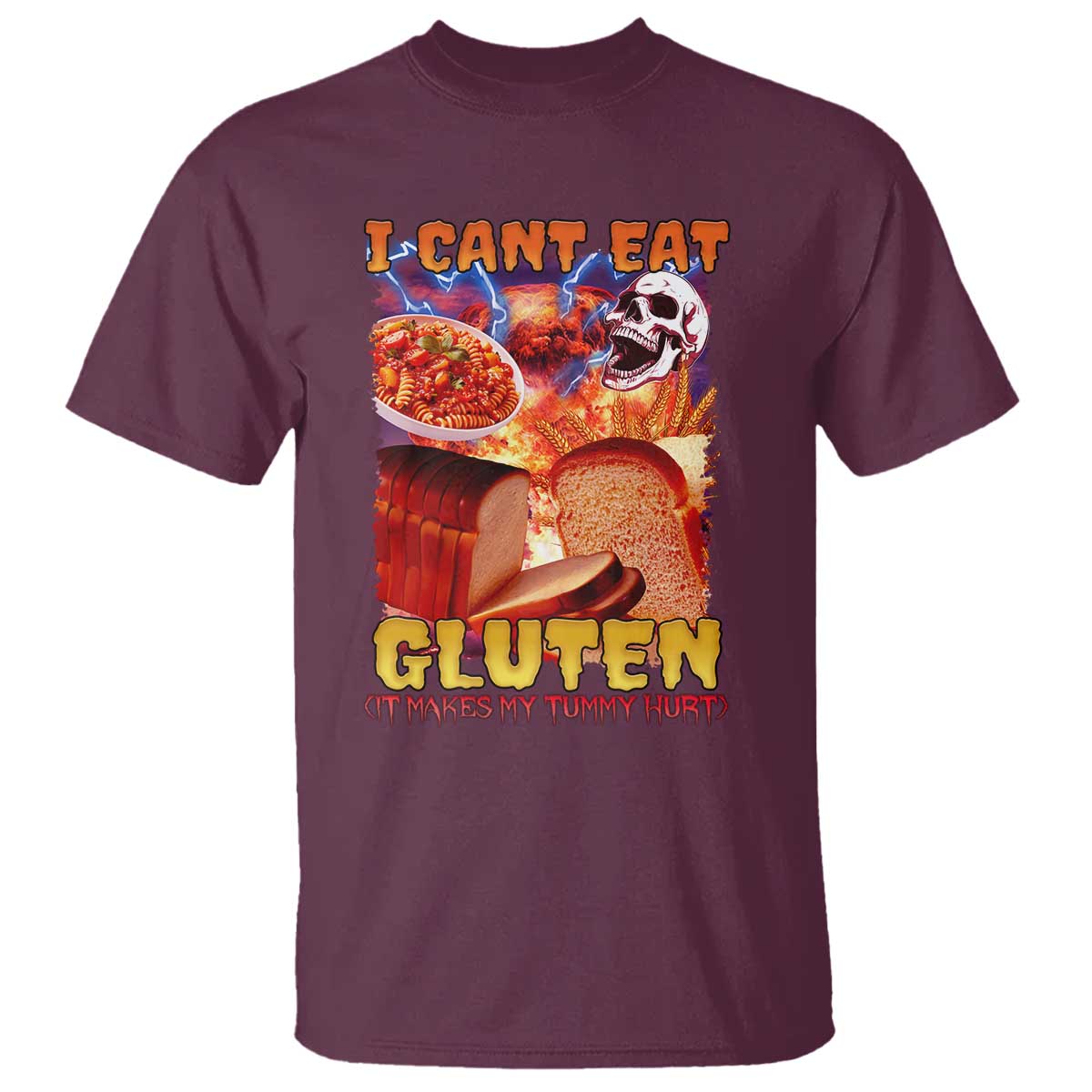 Funny Gluten Intolerance T Shirt I Can't Eat Gluten It Makes My Tummy Hurt Skeleton Meme
