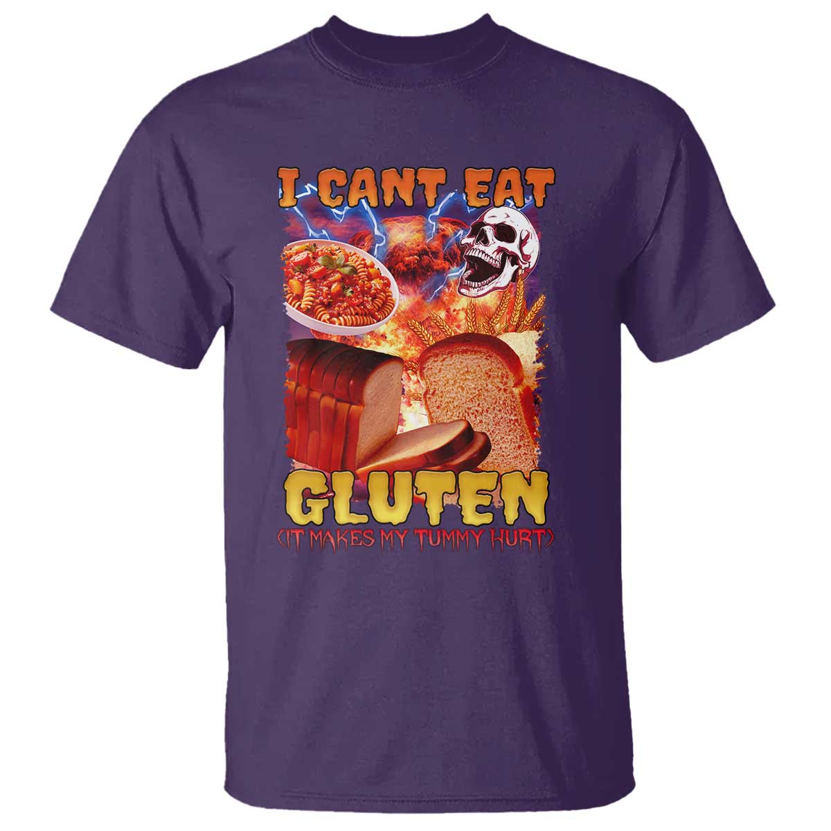 Funny Gluten Intolerance T Shirt I Can't Eat Gluten It Makes My Tummy Hurt Skeleton Meme
